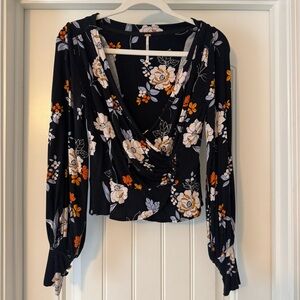 Free People Black Floral Long-Sleeve Draped V-Neck Blouse - Size XS